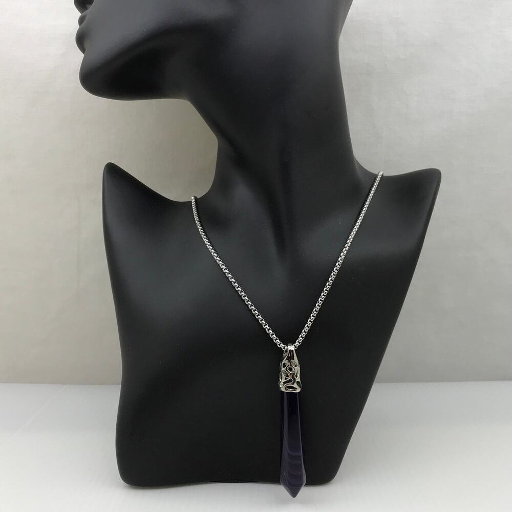 NWT Vintage Deep Violet Amethyst Point Pendant Stainless Steel Necklace 20”
